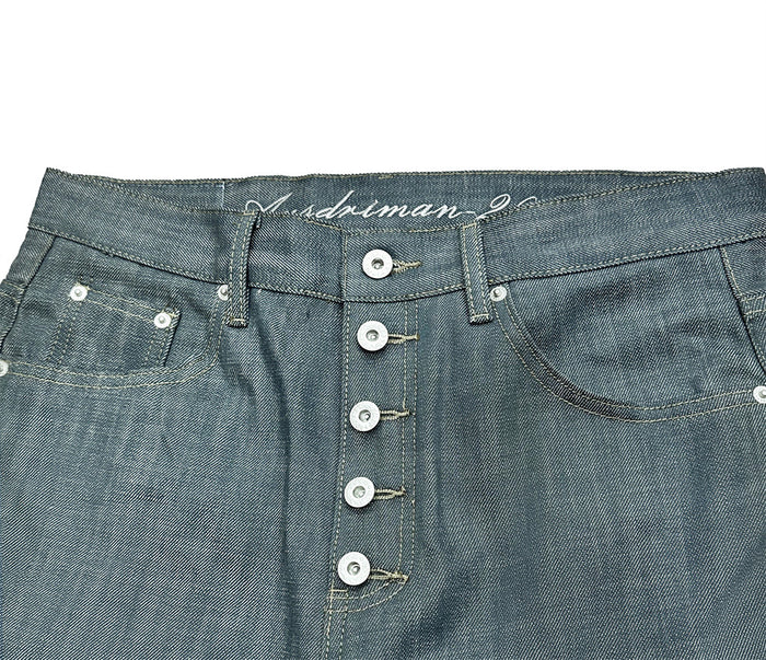 Close-up of lake green jeans waistband showing five-button fly, belt loops, front pockets, and contrast stitching