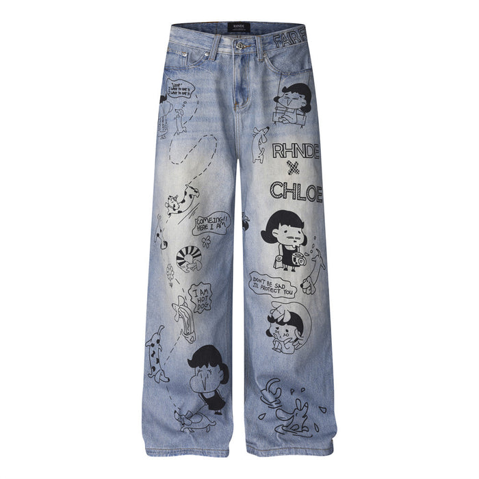 RHNDE x Chloe light blue acid-wash wide-leg jeans with all-over cartoon comic illustration print, front and back view