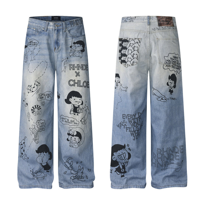 Front and back views of light blue wide-leg jeans with all-over black cartoon comic graphics