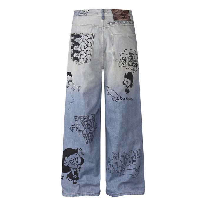 Back view of light blue wide-leg jeans with cartoon illustrations, text, and wide legs