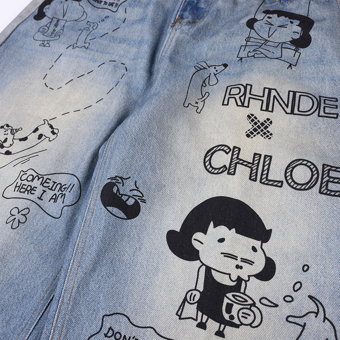 Close-up of front-leg comic graphics showing cartoon characters, a dog, and RHNDE x CHLOE lettering