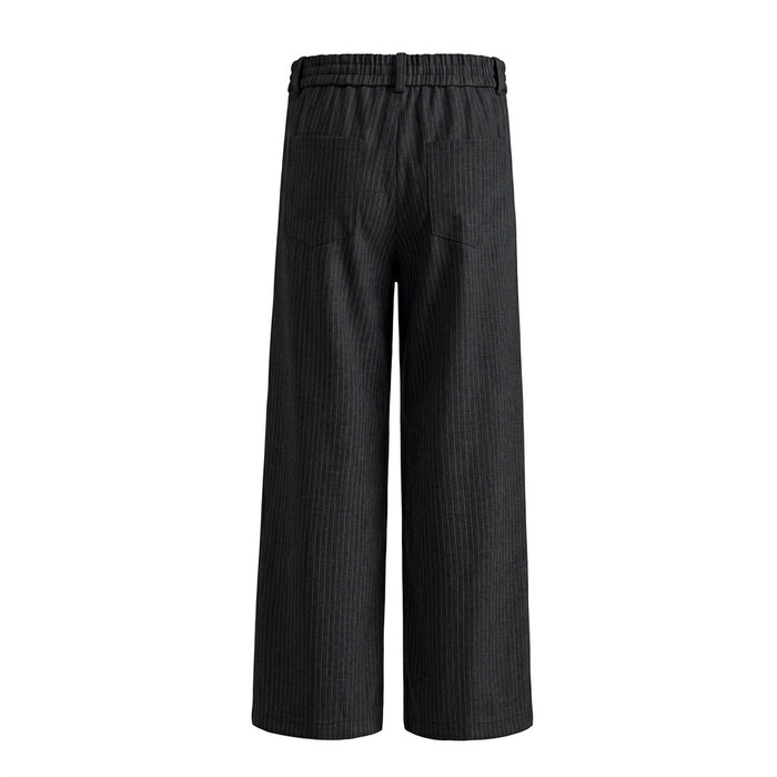 Back view of black pinstripe wide-leg trousers with elasticated waistband, belt loops and rear welt pockets