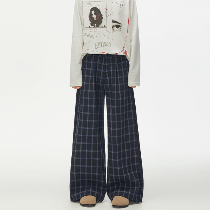 Navy blue windowpane plaid wide-leg trousers with button-fly placket, relaxed straight fit, front view