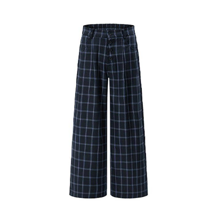 Front flat view of navy wide-leg plaid trousers with a button-fly waist