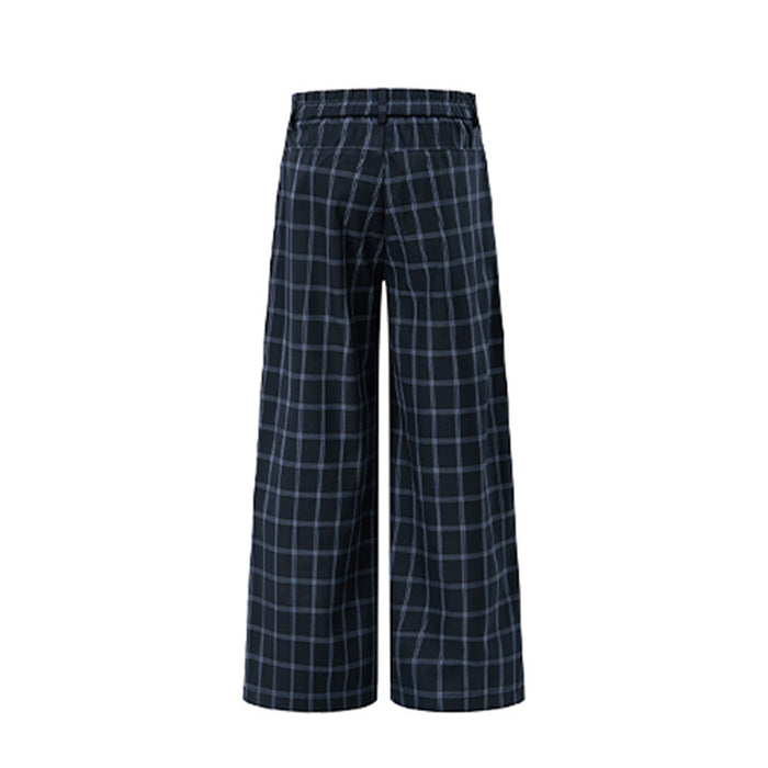 Back flat view of navy check trousers showing the elasticized waistband and wide legs