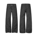 Black wide-leg denim jeans shown from the front and back with white deconstructed stitch details