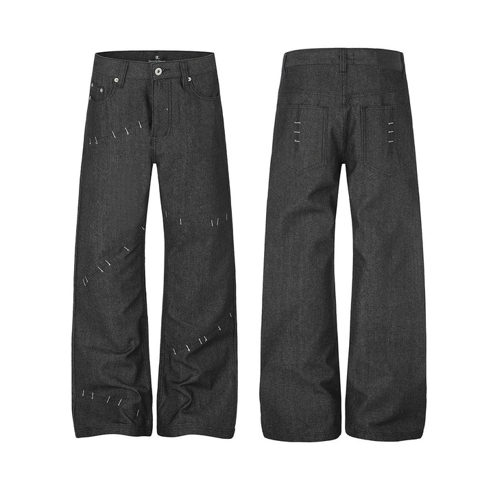 Black wide-leg denim jeans shown from the front and back with white deconstructed stitch details