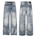 Front and back views of wide-leg straight jeans in washed blue denim with faded whiskering