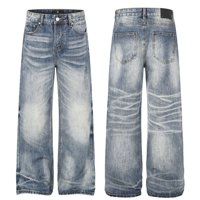 Front and back views of wide-leg straight jeans in washed blue denim with faded whiskering