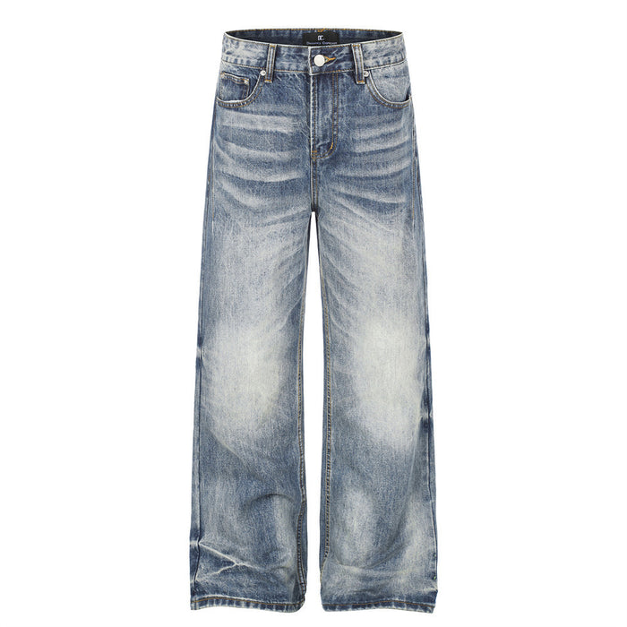 Men's wide-leg straight jeans in washed blue vintage distressed denim, front and back view