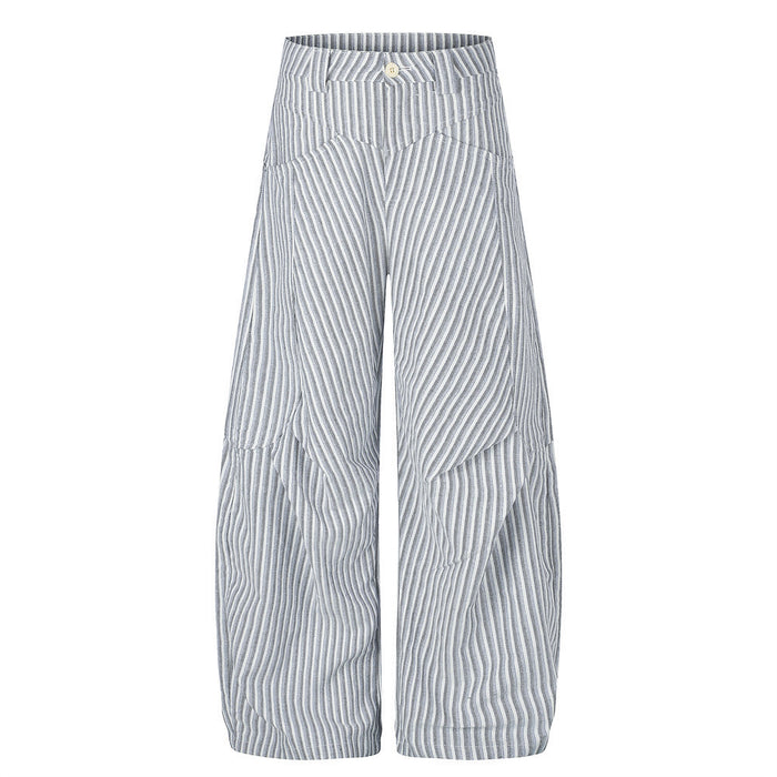 Front view of wide-leg gray and white striped trousers with a high waist and curved overlapping leg panels