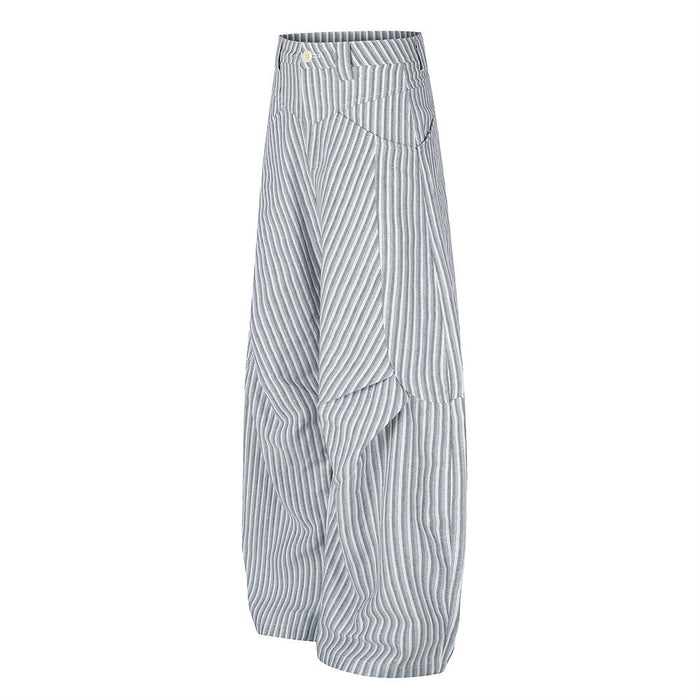 Angled front view of gray and white striped wide-leg trousers showing the curved layered leg construction