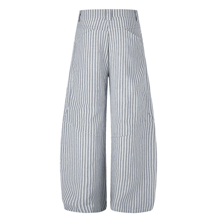 Back view of wide-leg gray and white striped trousers with straight vertical panel seams
