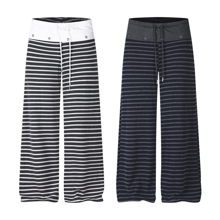 Two wide-leg striped pants shown together in black and white and charcoal with gray stripes and contrasting waistbands