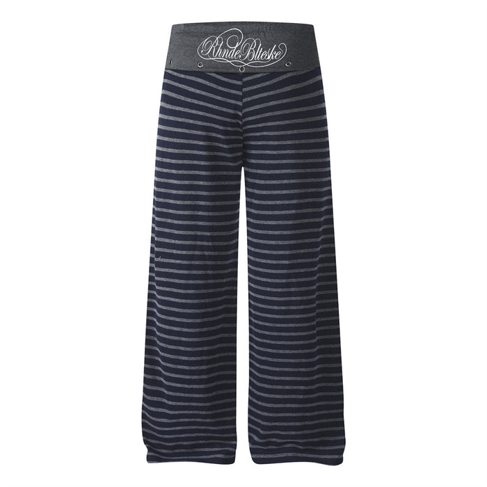 Back view of charcoal wide-leg pants with thin gray horizontal stripes and a script logo on the waistband