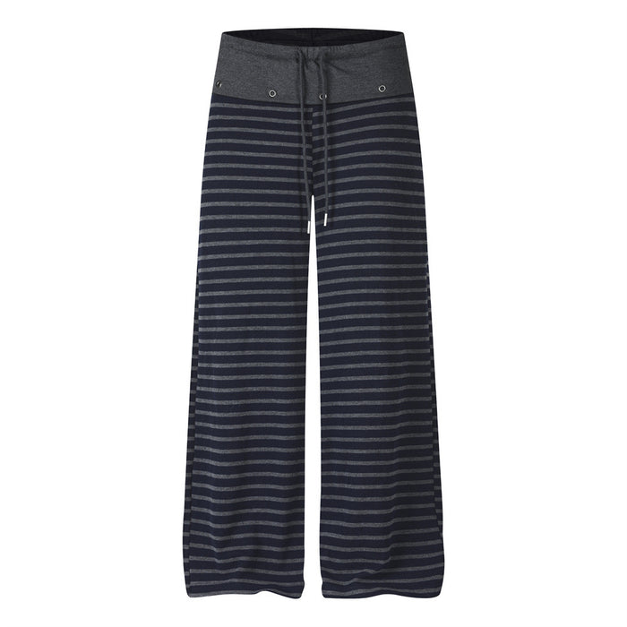 Front view of charcoal wide-leg pants featuring thin gray horizontal stripes, drawstring, and metal eyelets
