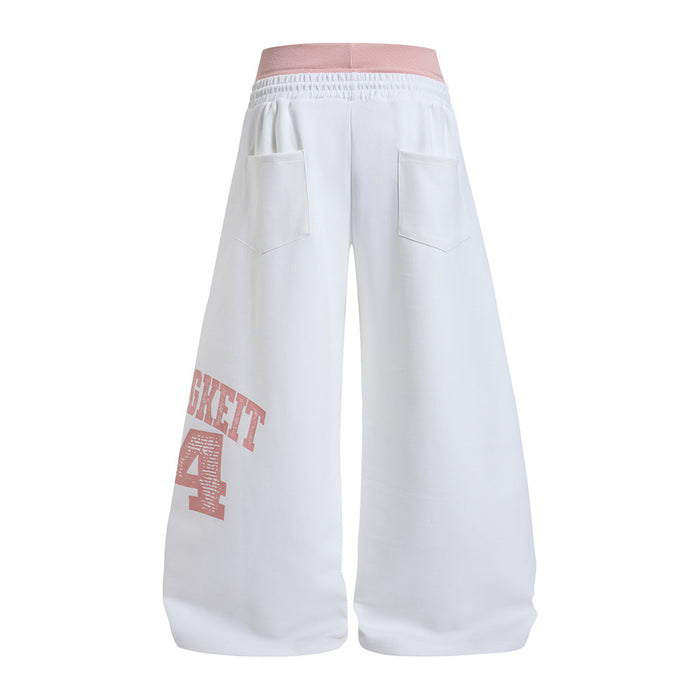 White wide-leg sweatpants shown from the back with two patch pockets and a distressed pink leg graphic