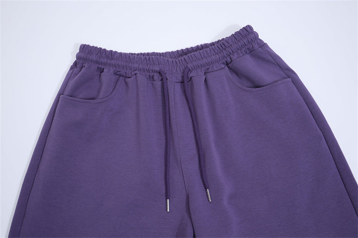 Close-up of purple sweatpants waistband, front pockets, and hanging drawstrings with metal tips