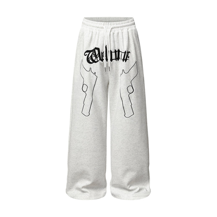 Wide-leg sweatpants with gothic Welcome lettering and dual gun outline print on heather grey fleece fabric