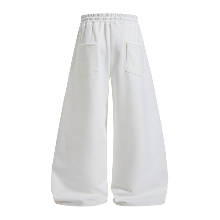 White wide-leg sweatpants shown from the back with two stitched rear pockets and an elastic waistband