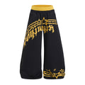 Front view of black wide-leg sweatpants with a yellow waistband and distressed star graphic