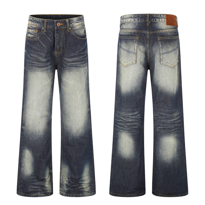 Men's wide-leg retro washed indigo jeans with gradient sand-wash distressing, front and back view
