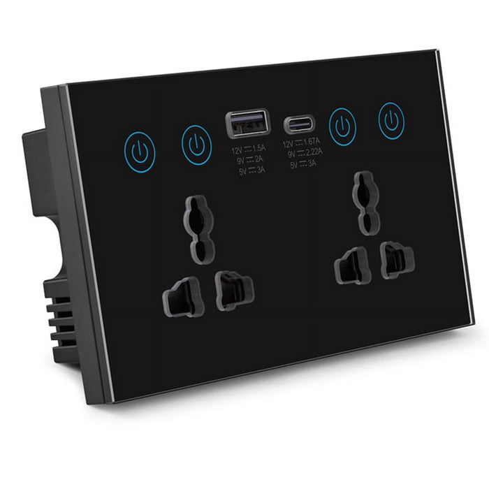 WiFi Smart Double Socket, 3-Hole Multi-Functional Plug + USB + Type-C, Black, 147