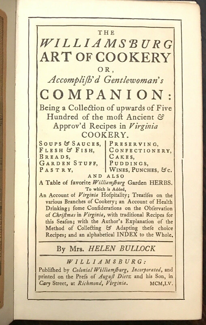WILLIAMSBURG ART OF COOKERY - Bullock, 1938 ANTIQUE VIRGINIA RECIPES COOKING