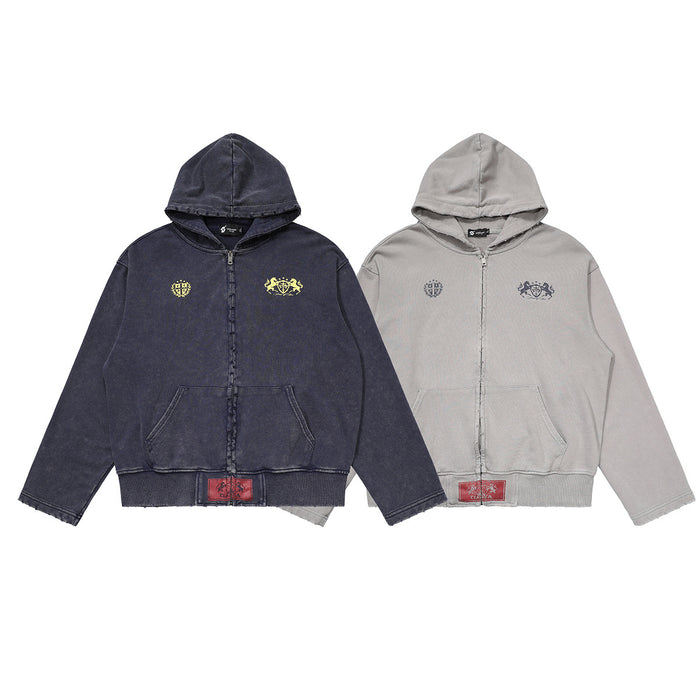 Front view of dark charcoal and light gray acid-wash cropped hoodies with zip closures, pockets, and chest graphics