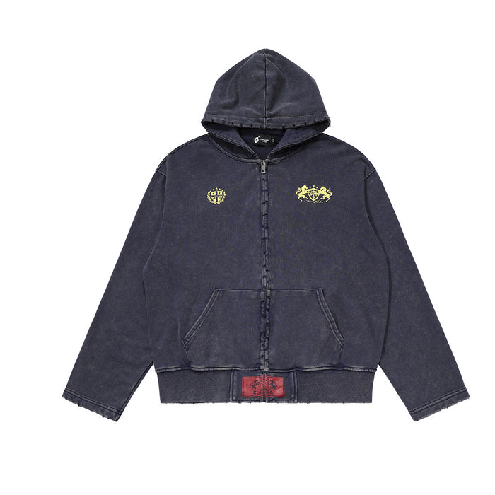Dark charcoal cropped zip-up hoodie front with yellow chest crests, hood, kangaroo pocket, and red hem patch