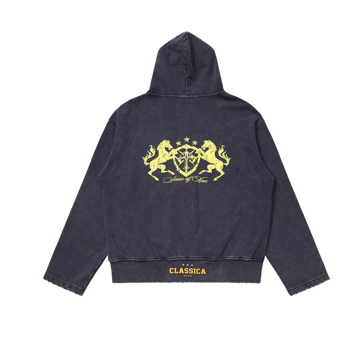 Dark charcoal hoodie back featuring a large yellow crest graphic with lions, stars, and a cropped ribbed hem