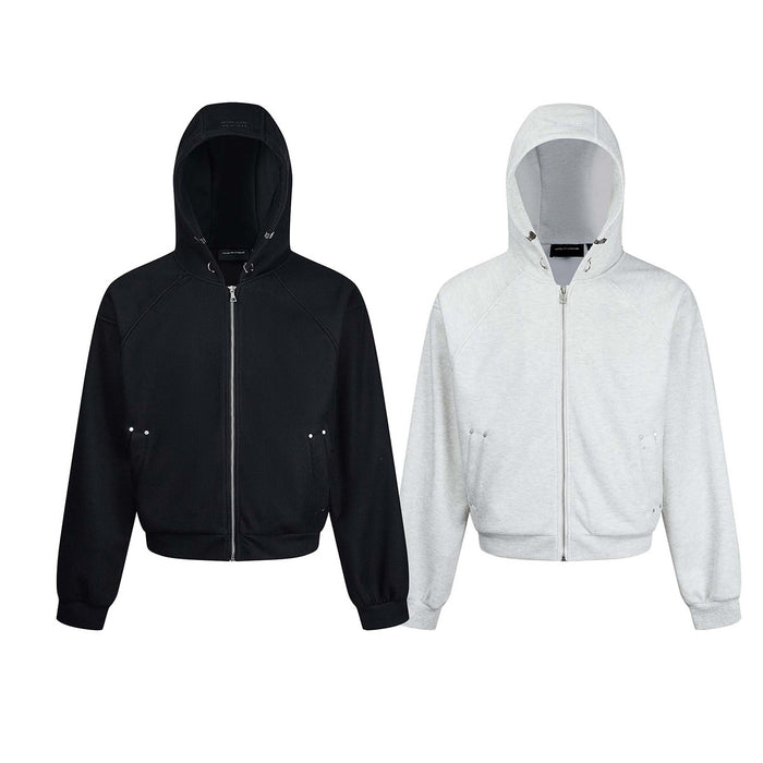 Black and light gray cropped zip-up hoodies shown side by side from the front