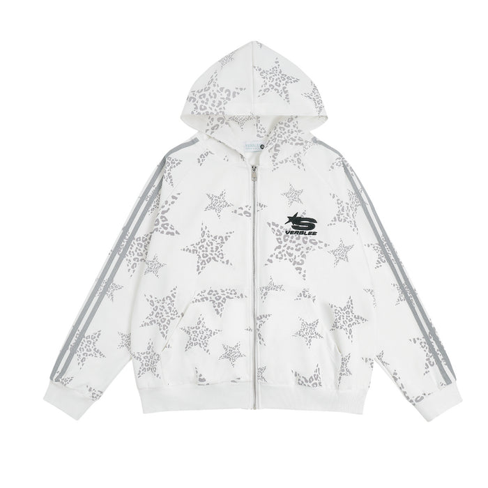 Verblee white zip-up hoodie with all-over grey leopard star print and dual side stripes, front and back view