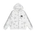 Verblee white zip-up hoodie with all-over grey leopard star print and dual side stripes, front and back view