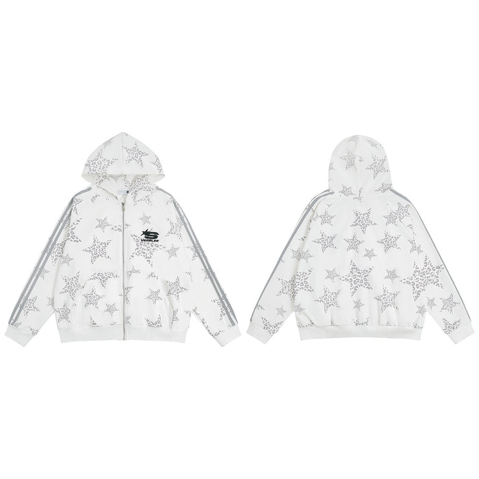 White zip-up hoodie with gray leopard-pattern star print, shown from the front and back