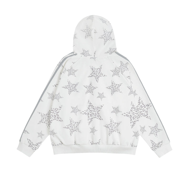 Back view of a white hoodie covered in gray leopard-pattern stars with striped sleeve details