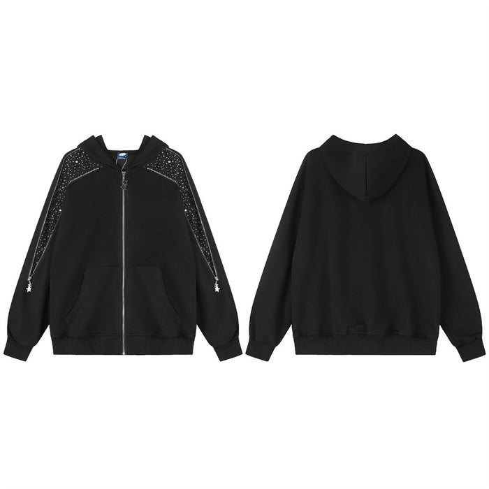 Black zip-up hoodie shown front and back, with rhinestone sleeve detailing and star zipper pull