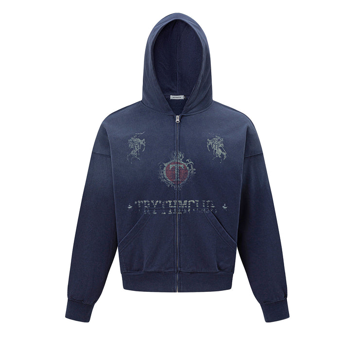 Oversized zip-up hoodie with vintage knight and heraldic crest graphic print in navy blue, washed streetwear style