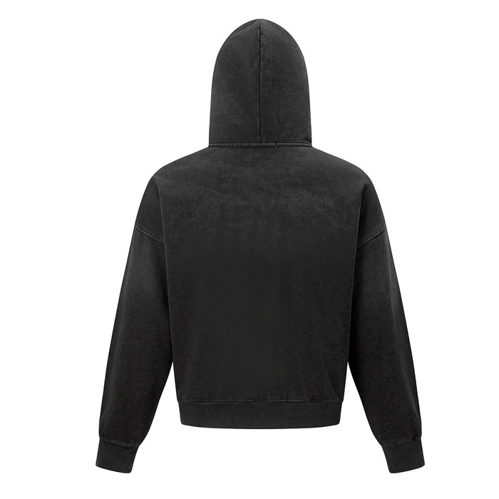 Back view of a black zip-up hoodie showing its plain body, hood, sleeves, and ribbed hem