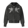 Acid-washed black cropped zip-up hoodie with twin rhinestone five-pointed star graphics on chest and crystal studs on hood, f