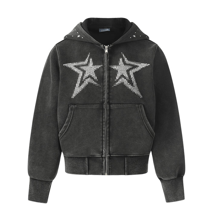 Acid-washed black cropped zip-up hoodie with twin rhinestone five-pointed star graphics on chest and crystal studs on hood, f