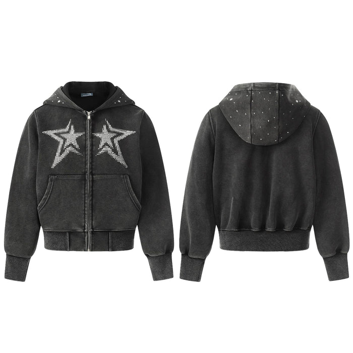 Black acid-washed cropped zip-up hoodie shown front and back with rhinestone double-star graphics