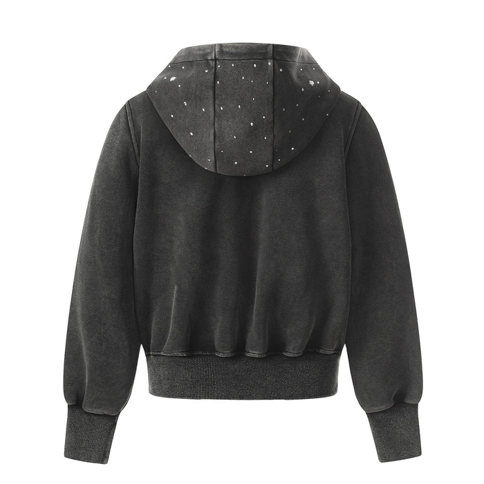 Back view of a black acid-washed cropped hoodie with a rhinestone-speckled hood and ribbed hem