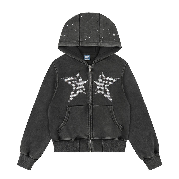 Front view of a black zip-up hoodie with the rhinestone-speckled hood raised and double-star chest graphics