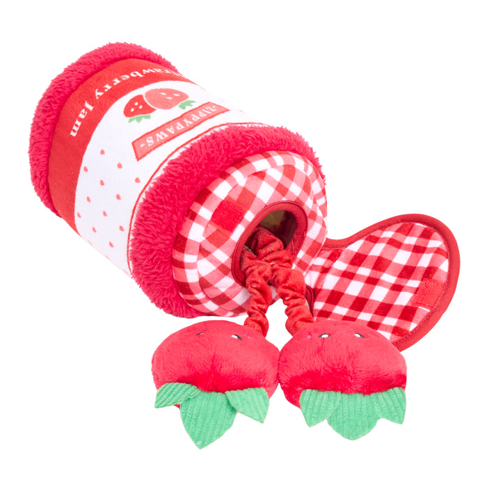 ZippyPaws Bungee Burrow Strawberry Jam Jar Plush Dog Toy